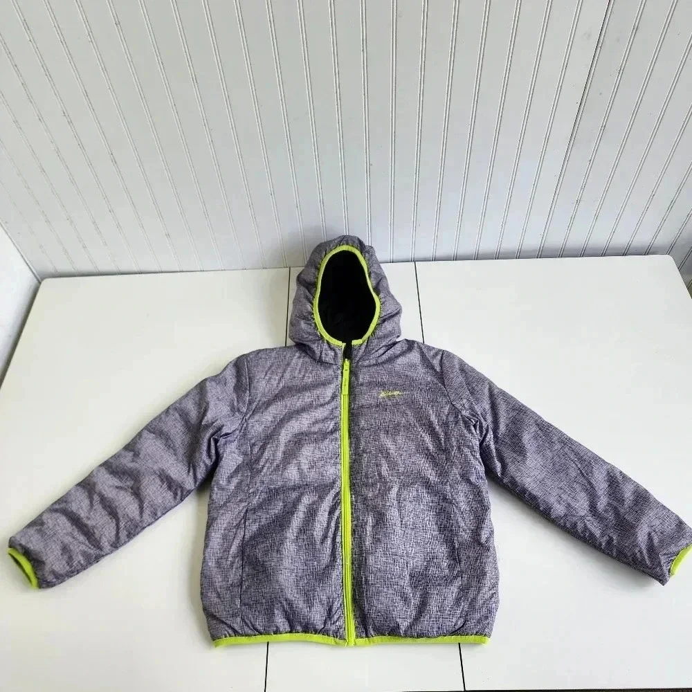 Eddie Bauer Reversible Jacket Boys Black Gray Green Puffer Hooded Down L (14)